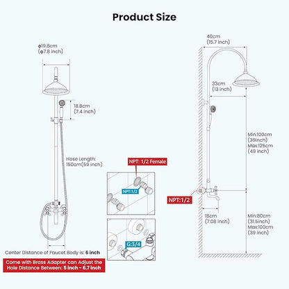 gotonovo Bathroom Classic Exposed Shower Faucet Wall Mount Shower System 8 Inch Luxurious Rainfall Shower Head Set with Tub Spout and Handheld Spray Double Cross Handles Polished Chrome