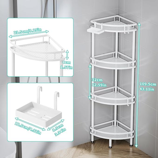 HapiRm Standing Corner Shower Caddy - 4 Tier Shower Organizer Corner with Soap Holder and 4 Hooks, Rustproof Bathroom Storage Shelves with Adhesives, White