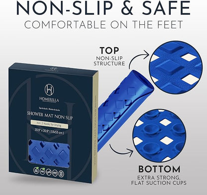 homerella® Shower Mat Non Slip Anti Mold, Non Slip Shower Mats for Inside Shower Stall Anti Slip Mat, Square Shower Floor Mat 21 x 21 in with Suction Cups & Hooks for Quick Drying, Machine Washable