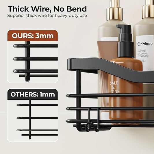 Orimade Shower Caddy Basket Soap Dish Holder Shelf with 5 Hooks Bathroom Organizer Shelf Kitchen Storage Rack Wall Mounted Adhesive No Drilling SUS304 Stainless Steel - 3 Pack,Black