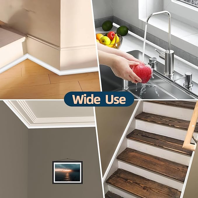 120Inch Flexible Quarter Round Molding Trim, White Self Adhesive Wall Trim Mini Peel and Stick Rubber Trim Molding for Floor, Bathroom, Kitchen, Countertop, 120" L x 0.5" W x 0.5" H