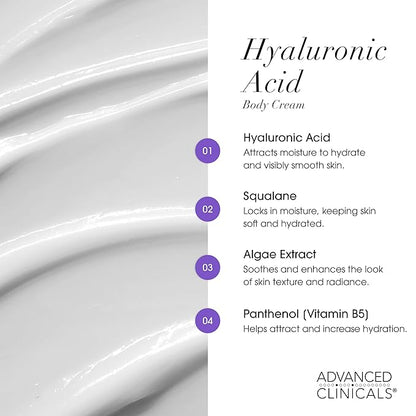 Advanced Clinicals Hyaluronic Acid Moisturizer Body Cream | Hydrating Cream & Body Lotion For Women & Men To Help Improve Look of Wrinkles, Stretch Marks, Dry Skin, & Crepey Skin, 16OZ + Travel Size