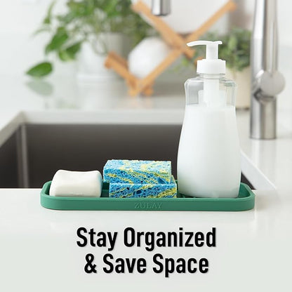 Zulay Kitchen (9x3.5) Silicone Sponge Holder for Kitchen Sink - Flexible Multipurpose Soap Tray - Sink Organizer for Kitchen, Bathroom, Makeup, Trinkets & More (Pine Green)