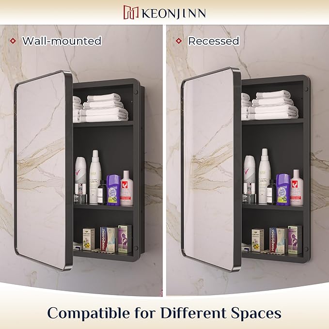 Keonjinn 40 x 32 Inch Large Black Medicine Cabinets, Recessed Bathroom Medicine Cabinet, Gloss Black Stainless Steel Framed, Sturdy & Heavy, Adjustable Shelves, Oversized Bathroom Mirror with Storage