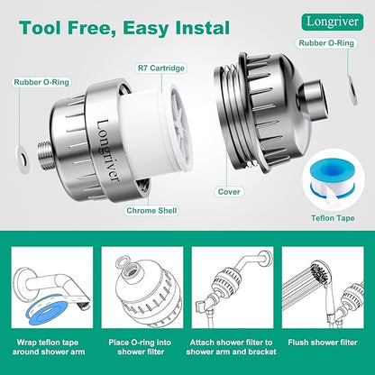 R7 Shower Filter with 2 Replacement Cartridge High Put Shower Water Filter for Hard Water 99.99% Remove Chlorine, Heavy Metals, Shower Water Softener, Improve your skin and hair, Chrome