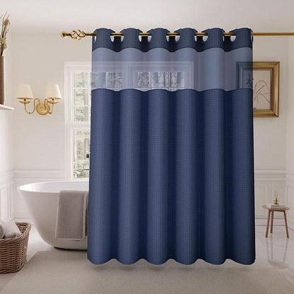 Inhousolu No Hook Shower Curtain with Snap in Fabric Liner Set Waffle Weave 230GSM Weighted Hem, Waterproof & Washable Bathroom Curtain Spa Luxury with Mesh Top Window 72" W x 72" L Navy Blue