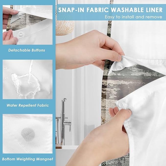 No Hook Vintage Flower Shower Curtain with Snap in Fabric Liner Set, Daisy Wooden Boards Double Layers Waterproof Fabric with See Through Top Window Open Grommet Bath Curtain 71x86 Inch