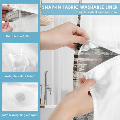 No Hook Vintage Flower Shower Curtain with Snap in Fabric Liner Set, Daisy Wooden Boards Double Layers Waterproof Fabric with See Through Top Window Open Grommet Bath Curtain 71x74 Inch