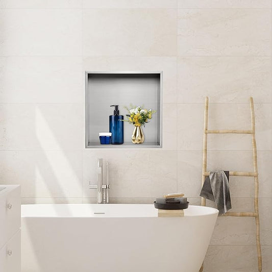 12x12 Shower Niche Insert Tile Ready, Brushed Nickel Recessed Wall Cabinet, Stainless Steel Wall Niche for Shower Wall, No Tile Needed Storage Organizer Waterproof