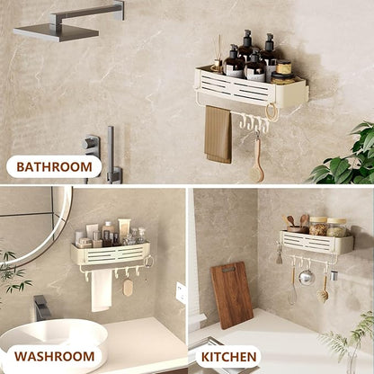 Onemake Aluminum Shower Caddy Suction Cup, No Drilling Bathroom Shower Shelf, Corner Shower Caddy with 6 Portable Hooks, Removable Bath Organizer with Towel Bar for Bathroom Storage(Cream White)