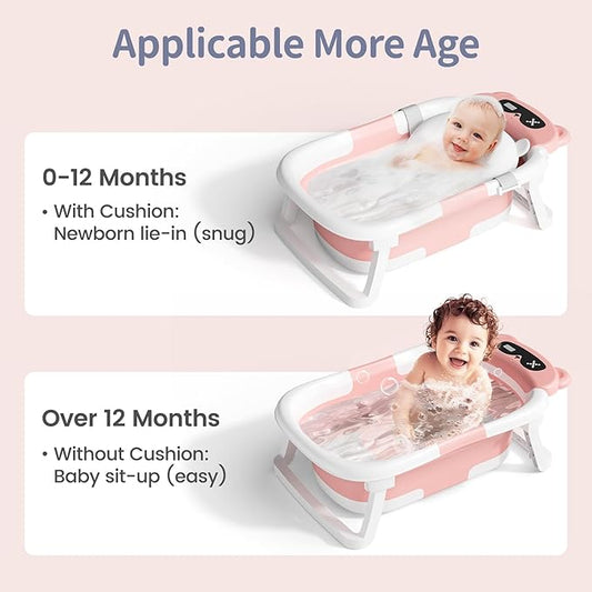 Collapsible Baby Bathtub for Newborn to Toddler (0-18 Months) - Foldable Baby Bath Tub with Soft Towel, Newborn& Infant Bathtub for Travel and Outdoor, Pink