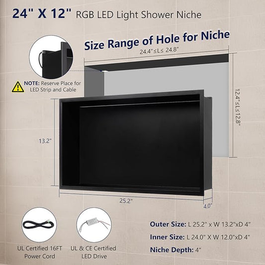 24" X 12" RGB LED Shower Niche No Tile Needed, 304 Stainless Steel Shower Niche Insert Tile Ready, Recessed Wall Shelf for Bathroom Storage Organizer with Remote Control, Matte Black
