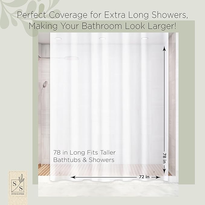 Stitch & Stone Shower Curtain Liner, Premium Medium Weight Durable Waterproof 6g PEVA for Bathroom with Weighted Magnets, Extra Long 72" x 78", Frosty 1 Pack