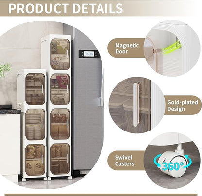 KHNR 5-Tiers Slim Bathroom Storage Cabinet, Foldable Storage Cabinets,Narrow Bathroom Storage,Movable Bathroom Storage Organizer for Small Spaces,Bathroom,Kitchen,Laundry,White