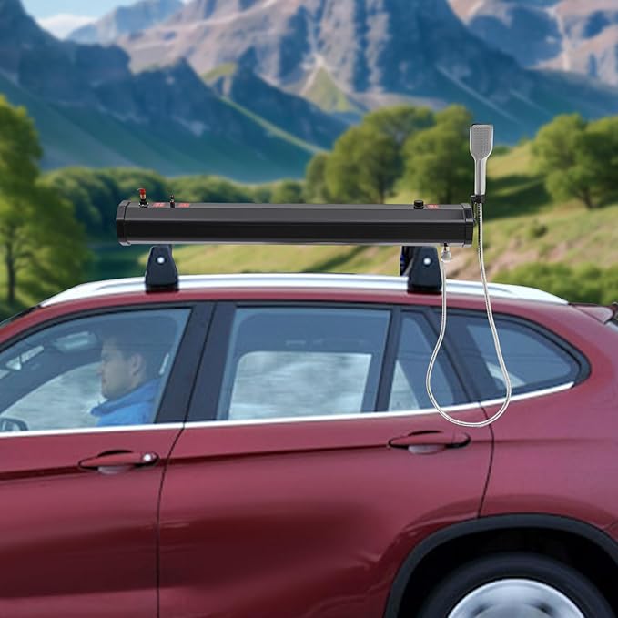 TFCFL 7.93 Gallon Roof Rack Mount Road Shower, High Pressure Outdoor Camping Shower with Long Hose, Portable Camping Solar Shower for Camping, Hiking, Beach, Pet & Gear Cleaning, Black