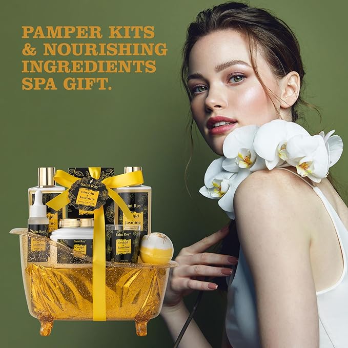 Luxury Home Spa Bath Gift Basket, Spa gift basket Christmas Gifts for Women men, Spa Kit Self-care Gifts, Spa Collection Gift, Orchid Jasmine Bath and Body Gift Pampering Spa Gifts Mother's Day Gift