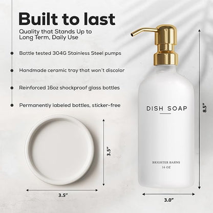 Luxury Glass Dish Soap Dispenser for Kitchen Sink by Brighter Barns - Modern Kitchen Soap Dispenser Set - Refillable Glass Pump Bottle and Tray - White and Gold Home Decor and Accessories, Gift (Gold)