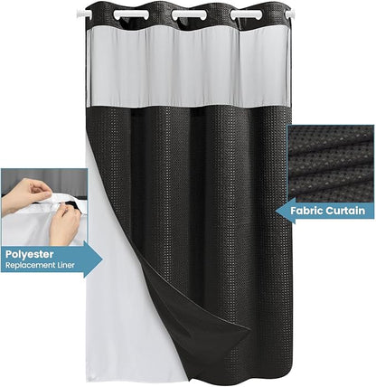 Stall No Hook Shower Curtain with Snap in Liner,230GSM Waffle Weave Shower Curtains for Bathroom,60W x 74H,Black