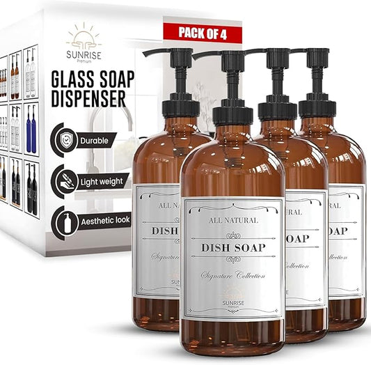 16 OZ Amber Glass Soap Dispenser with Pump, Hand and Dish Soap Dispenser Set for Bathroom with 12 Waterproof Labels, Pack 4