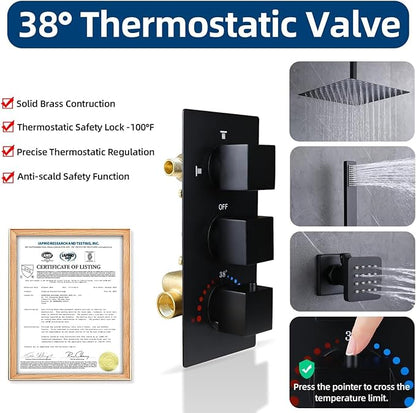 HOMEDEC Brass 3 Way Shower Diverter Valve, Thermostatic 3 Handle Control Shower Mixing Valve Trim Kit Replacement, Rough In, Black