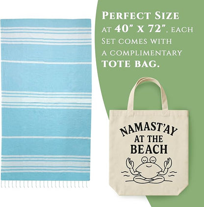 Turkish Cotton Beach Towel Pack of 6 & 1 Boho Tote Bag - Hammam Towels - No Shrink - Quick Dry - Lightweight - Sand Free - Camping - Pool - Tanning - Beach Essentials - Sky Blue (40"x70")
