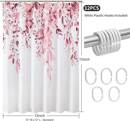 Colorful Star Pink Eucalyptus Waterproof Shower Curtain Set with Hooks, Minimalist Watercolor Floral Print Bathroom Décor, Plant Leaves Washable Fabric Shower Curtain, 72 x 72 Inch