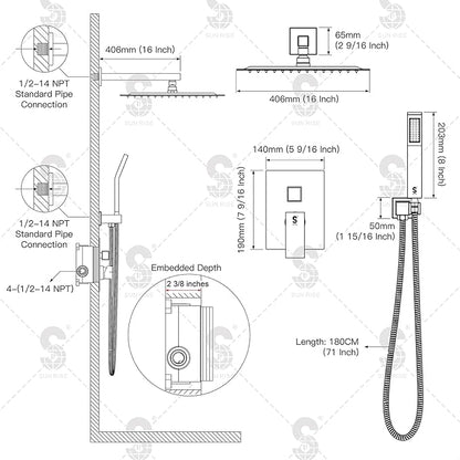 SR SUN RISE Matte Black Square Rainfall Shower Head and Handle Set, Wall Mounted Shower Fixtures, Metal Shower Faucet Trim Repair Kits (With Shower Valve) 16 Inches