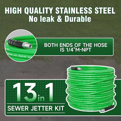 Sewer Jetter Kit for Pressure Washer 200FT – 5800PSI High-Pressure Drain Cleaner, M22 & 1/4'' NPT Universal Fit, Unclog Gutters & Sewer Lines, Durable Jetter Hose for Homeowners & DIYers (200FT)