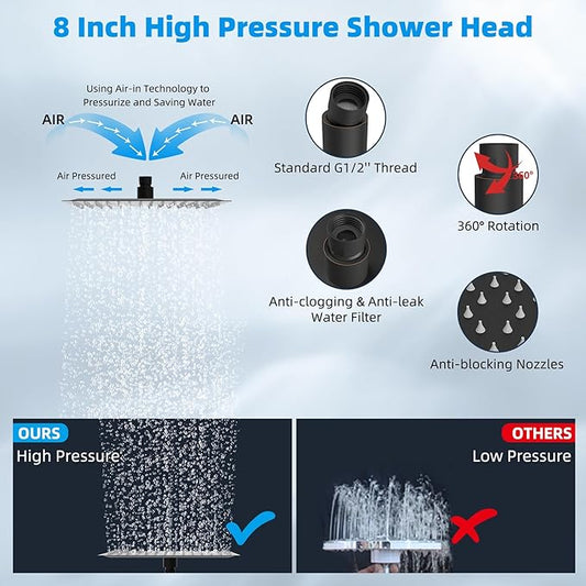 Hibbent All Metal Rain Shower Head, 8'' High Pressure Rainfall Square Showerhead with 16" Extension Arm, Solid Brass Adjustable Shower Arm Extender, Waterfall fixed Showerheads, Oil Rubbed Bronze