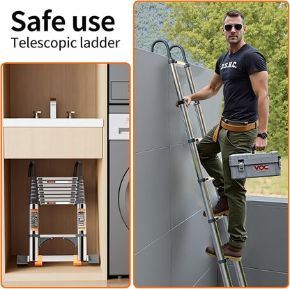 Telescoping Ladder,with Stable Hook and stabilizer barand,8.5FT Extension Ladder, Heavy Duty 330lbs Max Capacity, Multi-Purpose Collapsible Ladder for RV or Outdoor Work (2.6M/8.5FT)