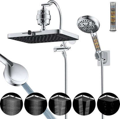 Hibbent Upgraded 5-spray 13'' Dual Filtered Rainfall Shower Head Combo, High Pressure 10-setting Handheld Shower Head with 12'' Adjustable Extension Arm, 20 Stage Shower Filter, 71'' Hose, Chrome