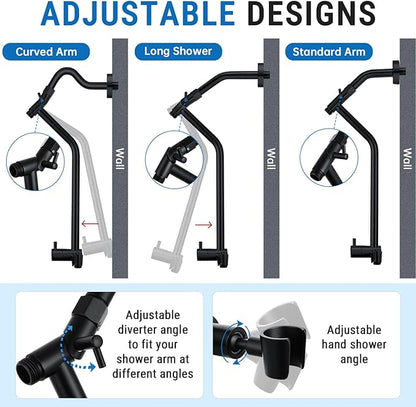 G-Promise All Metal Shower Diverter with Low Holder, Extended 13.5 Inch, 3-Way Diverter Valve with Pause Mode for Handheld and Fixed Shower Heads ∣ 4-Setting Replacement Part (Matte Black)