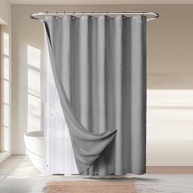 River Dream 3 in 1 Shower Curtain Set, Extra Long Waffle Fabric Shower Curtain and Waterproof Clear Liner Set with Double Sided Metal Hooks, Grey, 72" W*84" H