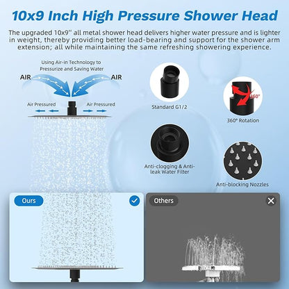 Hibbent cUPC Certified All Metal 10" Rainfall Showerhead Combo, High Pressure Shower Head with 10-Spray Mode Handheld, Innovative 4-way Diverter with Pause Mode, 71'' Shower Hose and Holder, Black