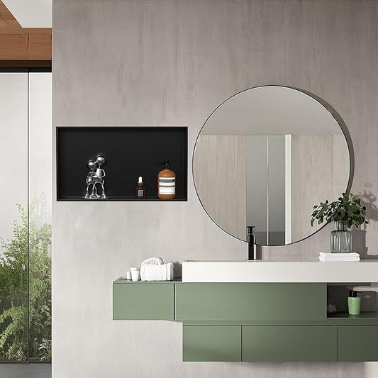 Homevacious Shower Niche 28" X 16" Stainless Steel No Tile Needed Matte Black Bathroom Shelf Rimless Recessed Wall Niche for Bathroom Storage