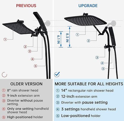 G-Promise All Metal 14 Inch Shower Head with Massage Mode Handheld, Rain Shower Head with Handheld Spray Combo, 3-Way Diverter with Pause Setting, 12 Inch Adjustable Extension Arm (Matte Black)