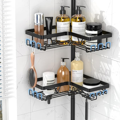 Corner Shower Caddy + 2 Soap Holders, 4 Tier Shower Caddy Tension Pole Stainless Steel Black, Extends 25-114.2 Inches, for Bathroom Organizers and Storage, Renter-Friendly and Gift Idea
