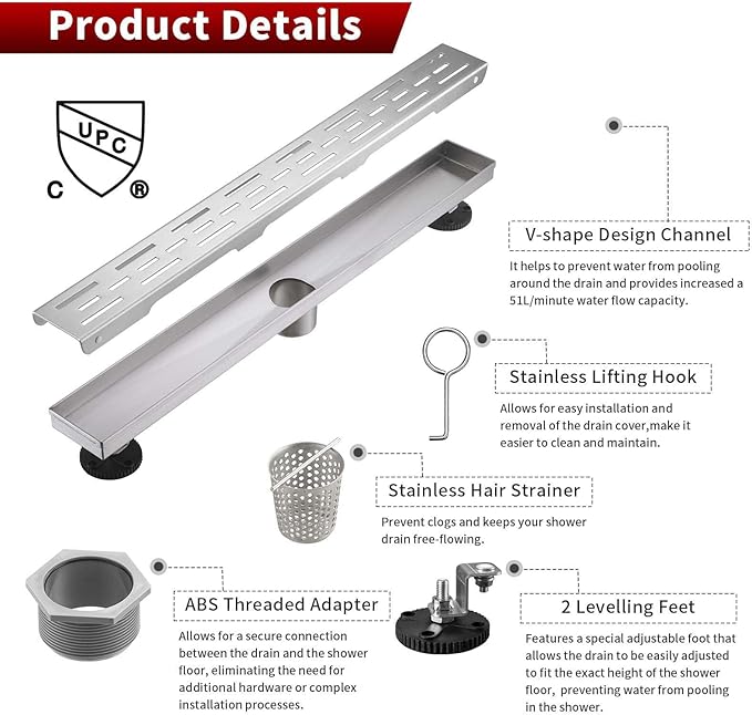 Sharp-tec Linear Shower Drain, 36 inch Shower Drain with Removable Pattern Cover, Brushed Nickel 304 Stainless Steel Rectangle Floor Drain, Adjustable Feet and Hair Strainer Included (Model 101)