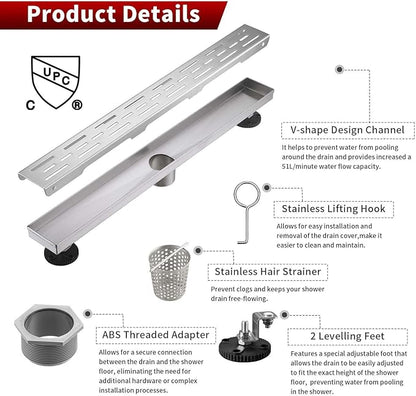 Sharp-tec Linear Shower Drain, 48 inch Shower Drain with Removable Pattern Cover, Brushed Nickel 304 Stainless Steel Rectangle Floor Drain, Adjustable Feet and Hair Strainer Included (Model 101)