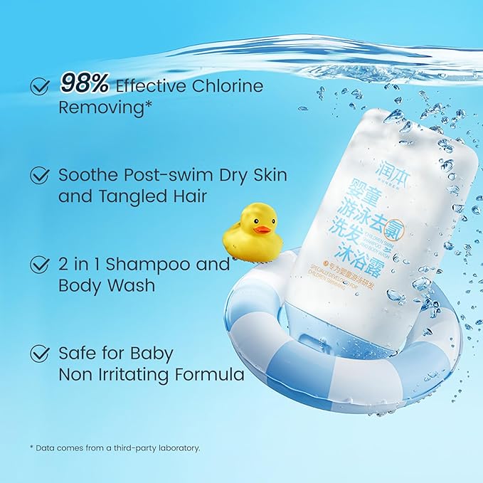 RUNBEN Kids Swim 2-in-1 Shampoo & Body Wash, After Swim Care for Baby, Chlorine Removal Wash for Swimmers, Hydrating & Gentle for Sensitive Skin, Specially Developed for Children Swimming, 3.35 oz