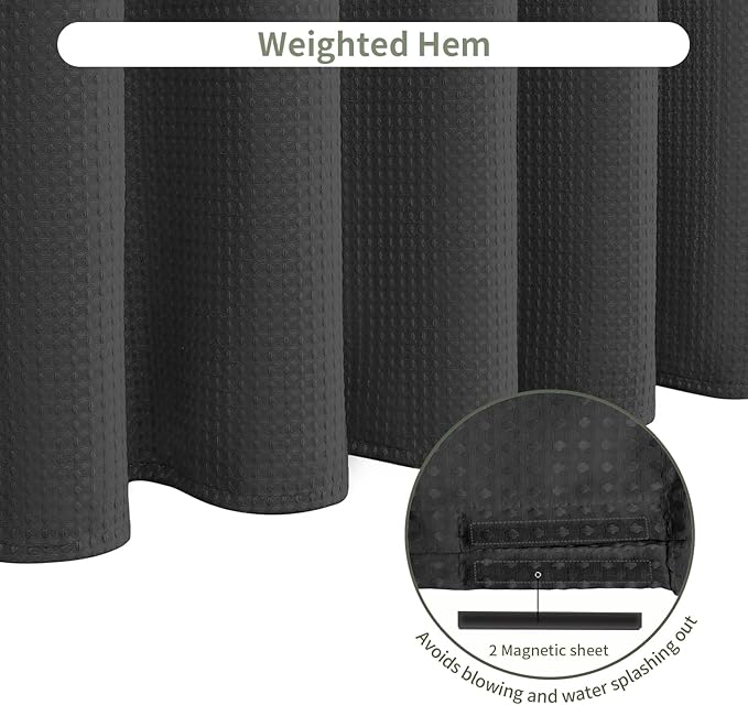 Inhousolu Fabric Shower Curtain Waffle Weave, 230 GSM Heavy Duty, Weighted Hem, 14 Metal Hooks, Water Repellent, Machine Washable, Hotel Spa Luxury Bath Curtain Set, 72 x 84 Inch, Black