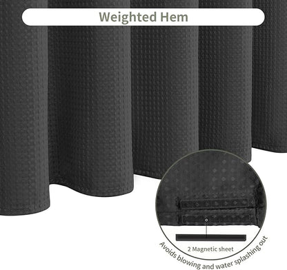 Inhousolu Fabric Shower Curtain Waffle Weave, 230 GSM Heavy Duty, Weighted Hem, 14 Metal Hooks, Water Repellent, Machine Washable, Hotel Spa Luxury Bath Curtain Set, 72 x 84 Inch, Black