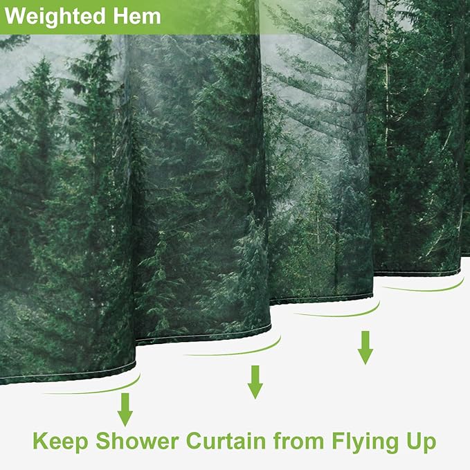ORTIGIA 84 Inch Long Green Misty Forest Shower Curtain for Bathroom, Nature Woodland Shower Curtain Set with Hooks, Decorative Pine Tree Fog Magic Bath Curtain, Waterproof Fabric, Weighted, 72x84