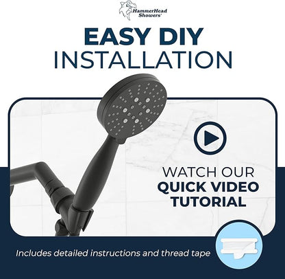 HammerHead Showers® Solid Metal 3-Spray Handheld Shower Head with Long Hose and Holder - MATTE BLACK - WIDE, MASSAGE, and MIST Sprays - 1.8 GPM Low Flow Handheld Showerhead - Water Saving Shower Head