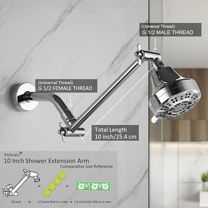 Adjustable Shower Head Extension Arm, All Metal Shower Head Extender with Locking Nut, G1/2 Universal Connector for Fixed/Rain/Handheld Showerheads, Easy Installation (Chrome, 10 Inch)