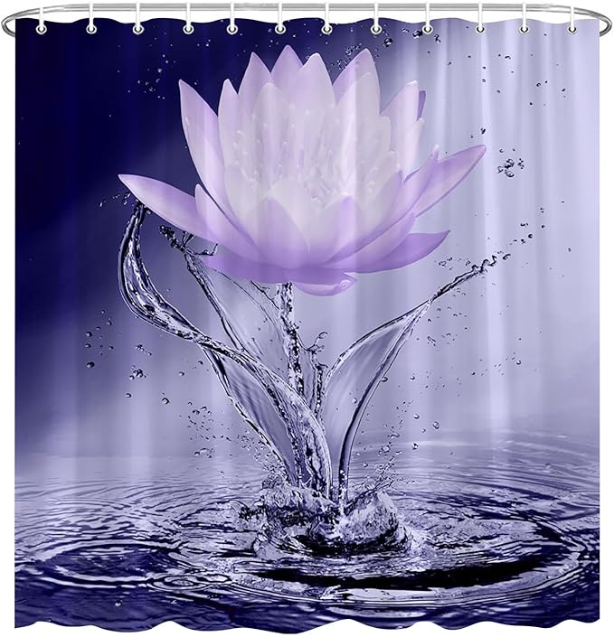 Lotus Shower Curtain Black White Violet Flower Elegant Blooming Floral with Dew Spring Flower Reflection on Water Modern Romantic Polyester Fabric Bathroom Decor 70×84 Inch with Hook