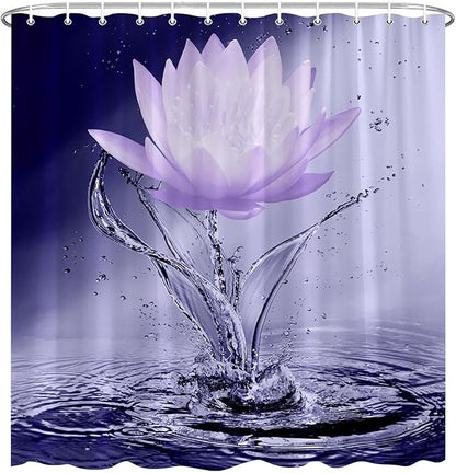 Lotus Shower Curtain Black White Violet Flower Elegant Blooming Floral with Dew Spring Flower Reflection on Water Modern Romantic Polyester Fabric Bathroom Decor 86×70 Inch with Hook