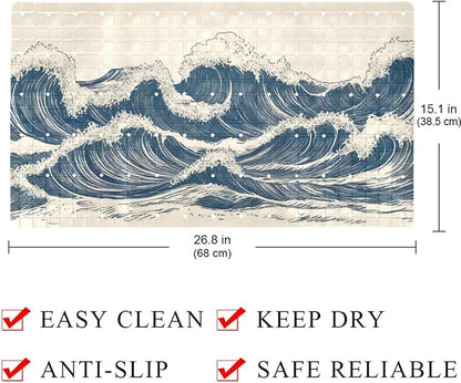 Bathtub Mats for Shower Tub, Anti-Slip Bath Mats for Inside Tub, Bathroom Shower Mats with Drain Holes and Suction Cups (Abstract Art Ocean Waves Vintage Style)
