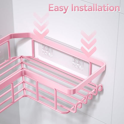 YASONIC Corner Adhesive Shower Caddy, with Soap Holder and 12 Hooks, Rustproof Stainless Steel Bathroom Organizer, No Drilling Wall Mounted Rack, Pink, 3-Pack