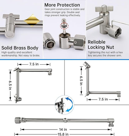 G-Promise All Metal 14 Inches Rainfall Shower Head with Handheld Spray Combo, 3 Settings Diverter, Adjustable Extension Arm with Lock Joints, 71 Inches Stainless Steel Hose (Brushed Nickel)